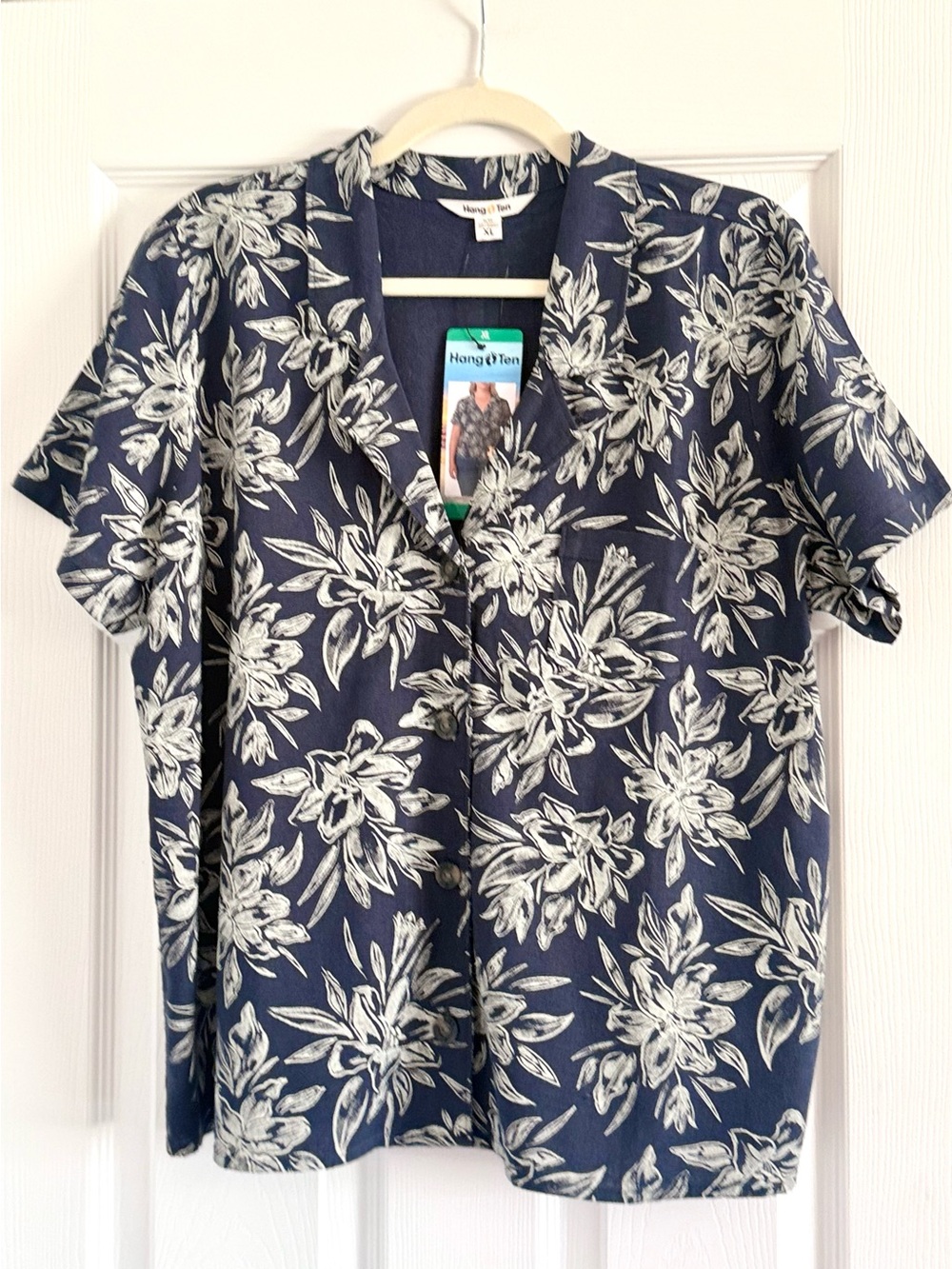🌻 Hang Ten Linen Blend Navy and White Floral Camp-Collar Button Shirt NWT XL